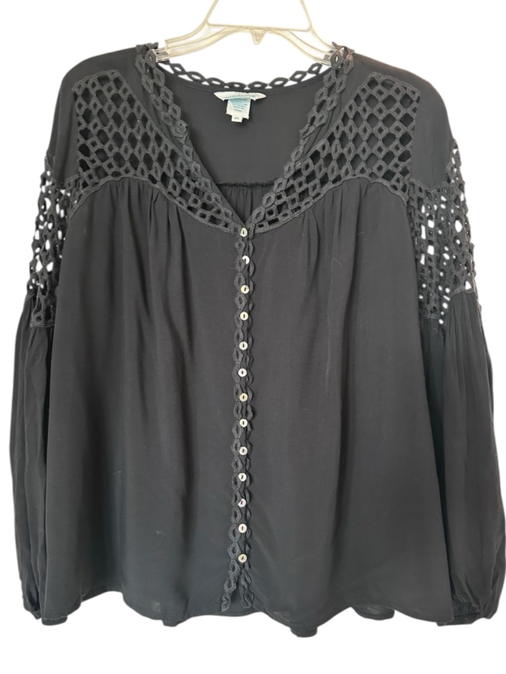 Sundance The Dappled‎ Moonlight Crochet Top Black Long Balloon Sleeves Size XS